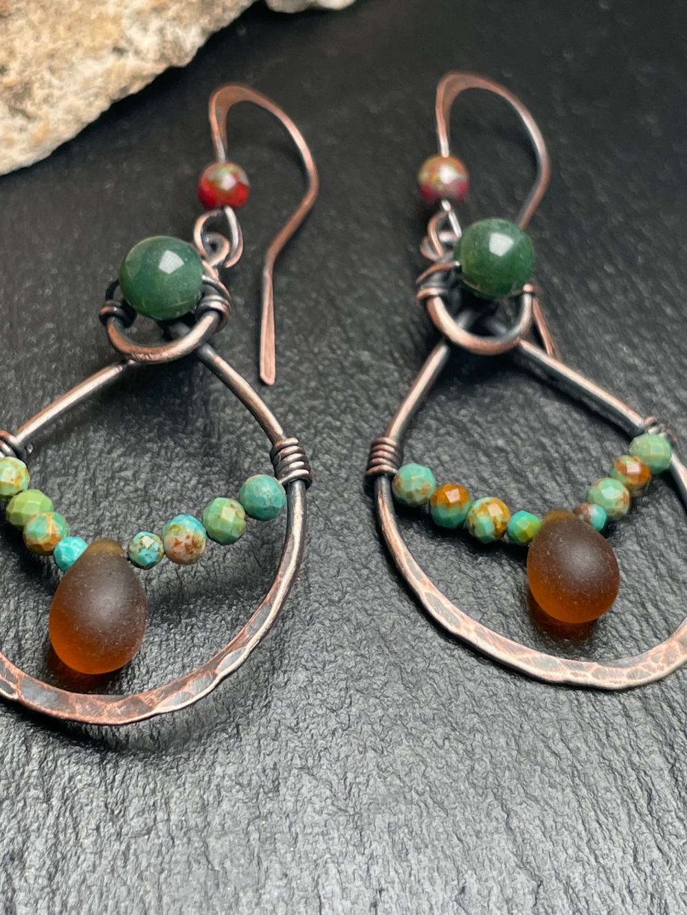 Artisan Made Copper drop Earrings with Moss Agate and Turquoise - Picture 5 of 13